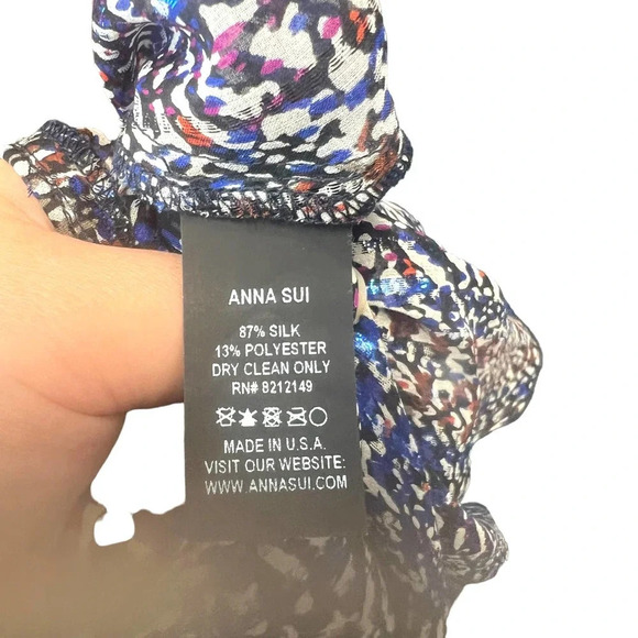 Anna Sui Wrap Mini Dress Short Sleeve Abstract Print Silk Blue Metallic Size 0 - Picture 8 of 8